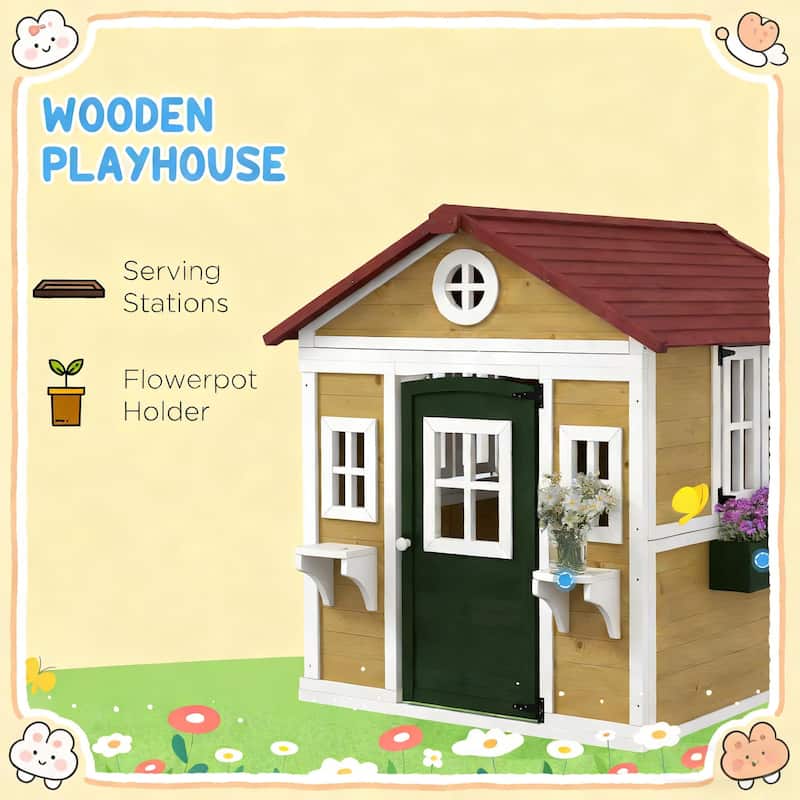 GDFStudio Outdoor Elwin Fir Wood Kids Playhouse with Convertible Design - Beige+Green+Red