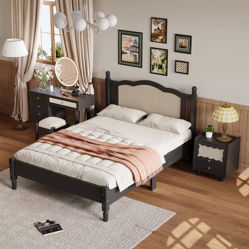 Wooden Platform Bed with Rattan Headboard Curved Wingback Bed Vintage Bed Frame Wood Slat Support Bed with Underbed Storage