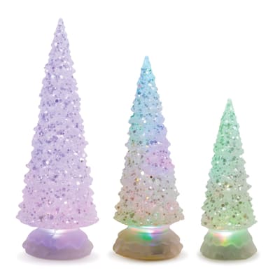 LED Lighted Textured Glass Christmas Tree Tabletop Decor - 12.5" - Clear - Set of 3