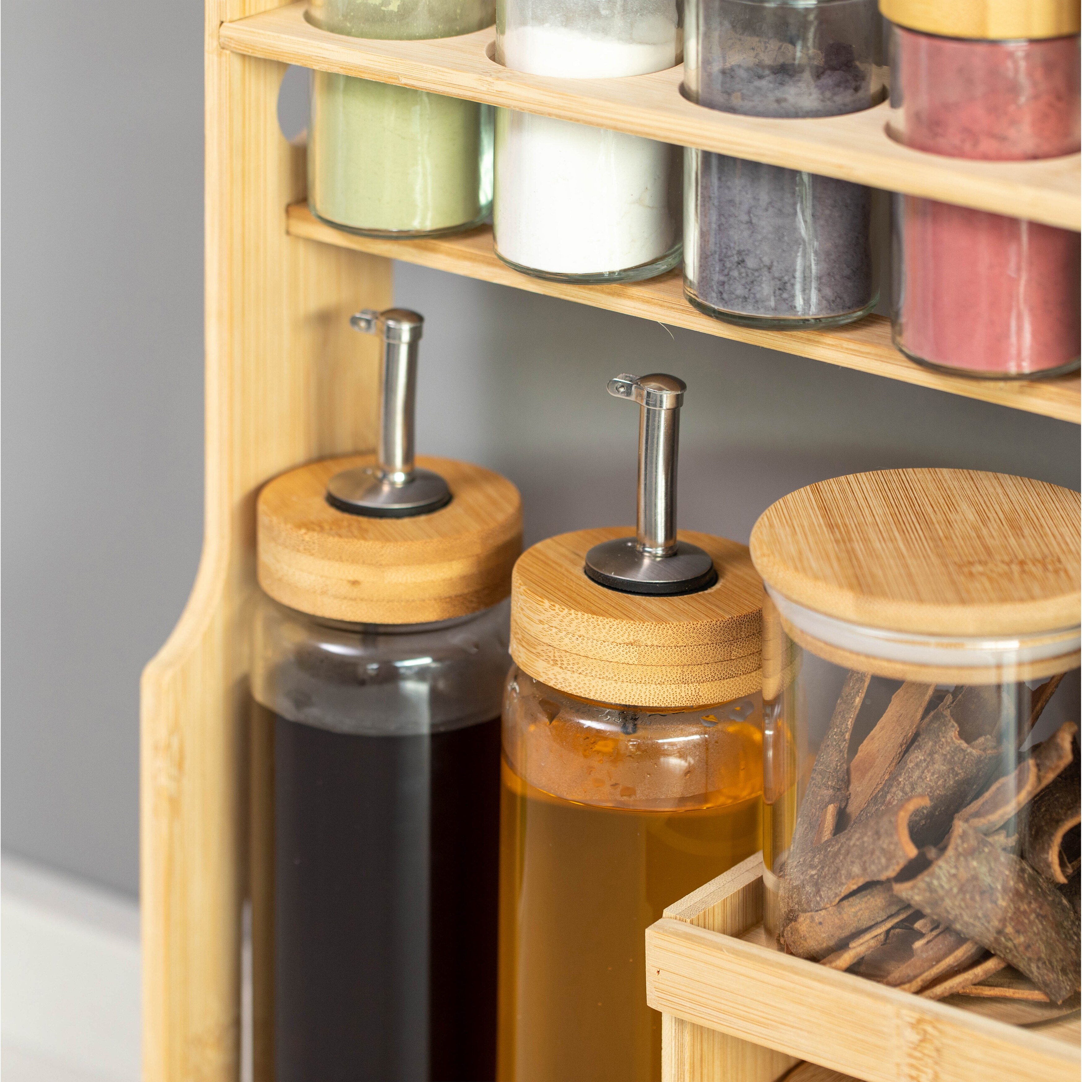 Basicwise 3-Tier Bamboo Spice Rack with 6 Spice Shaker