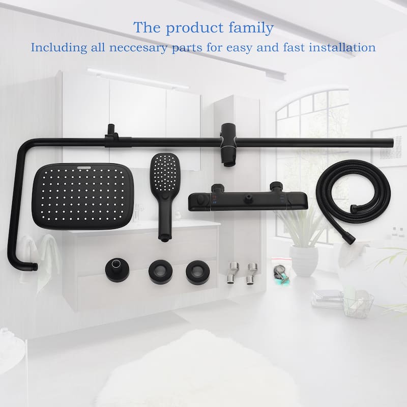 3-Way Thermostatic Complete Rain Shower System Black Wall Exposed Install with Rough-in Valve