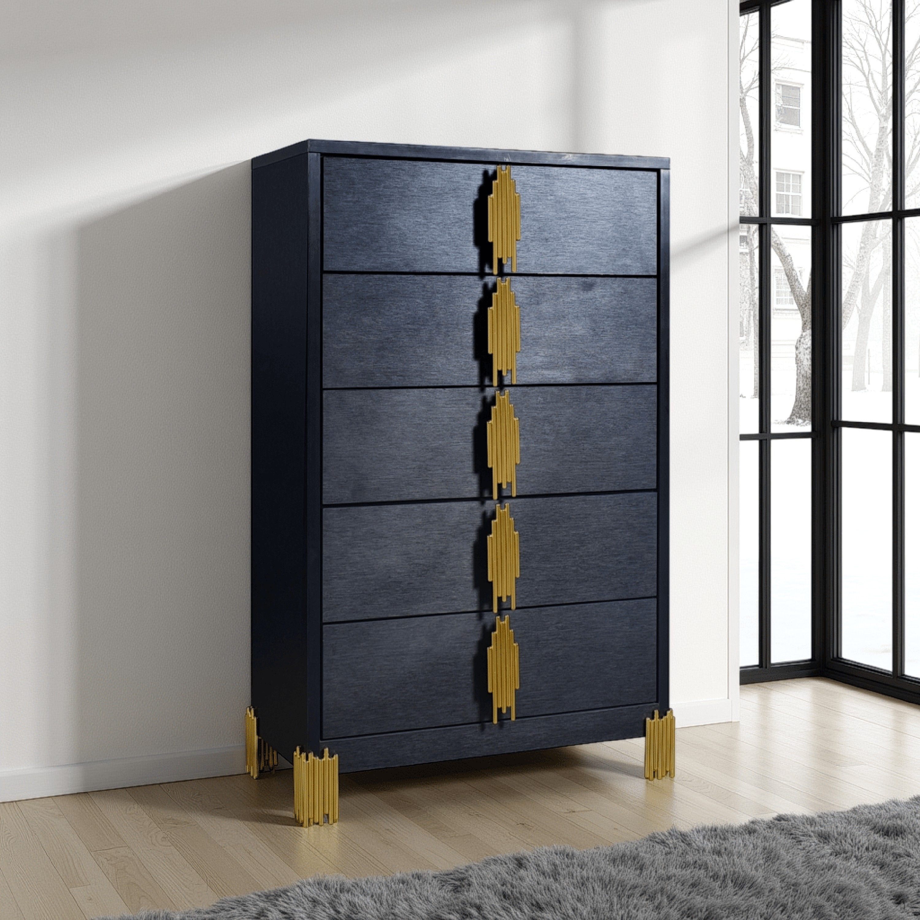 Theo Tall Dresser Chest, 5 Drawers, Vertical Gold Handles, Black Wood - Bed Bath & Beyond - 42806899 Theo Tall Dresser Chest, 5 Drawers, Vertical Gold Handles, Black Wood - Bed Bath & Beyond - 42806899