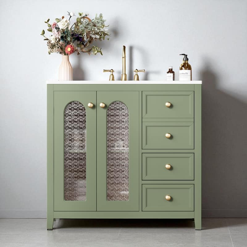 36" Freestanding Bathroom Vanity with Ceramic Sink, 2 Soft-Close Doors, 3 Drawers, Adjustable Shelves, Gold Handles - Green