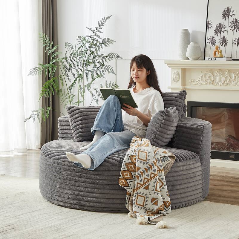 Oversized Round Chaise Lounge Corduroy Upholstered Single Sofa Chair with Cylindrical Neck Pillow and Integrated Backrest
