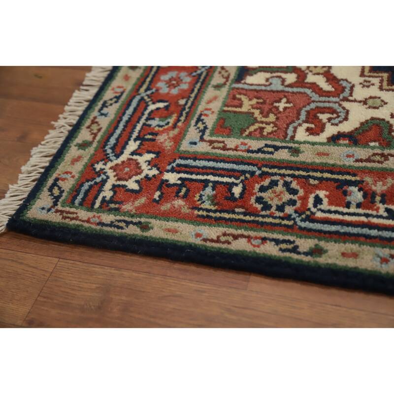 Hand Knotted Oriental 100% Wool Carpet Traditional Medallion Navy Blue & Blues Heriz (serapi) Area Rug - 5' 1'' X 3' 0''