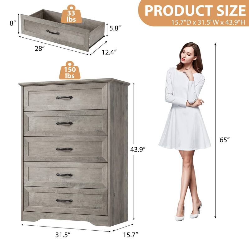 5/6 Drawers Dresser for Bedroom,Chest of Drawers with Wide Metal Handle,Farmhouse Modern Wooden Dresser