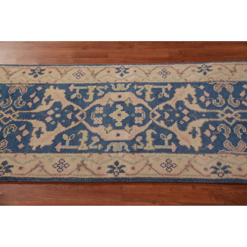 Blue Oushak Oriental Runner Rug Handmade Wool Carpet - 2'8"x 12'1"