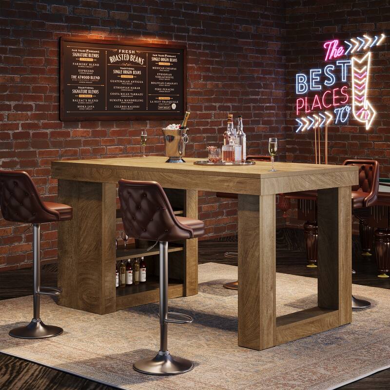 Large Farmhouse Bar Table, 55" Wood Counter Height Table with Storage