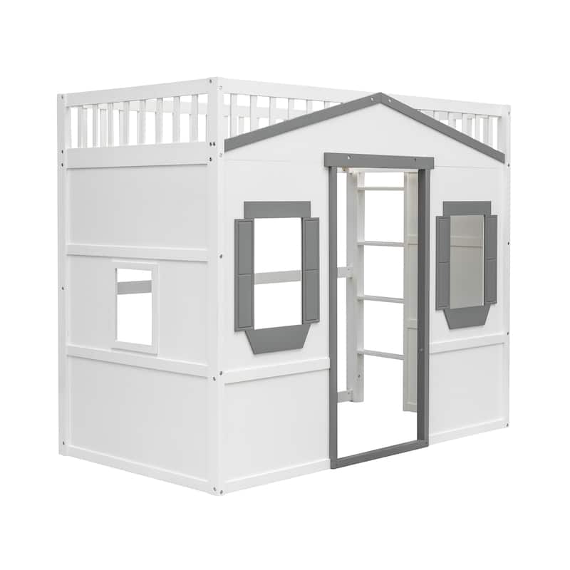 Twin Size Solid Wood House Loft Bed with Ladder for Kids