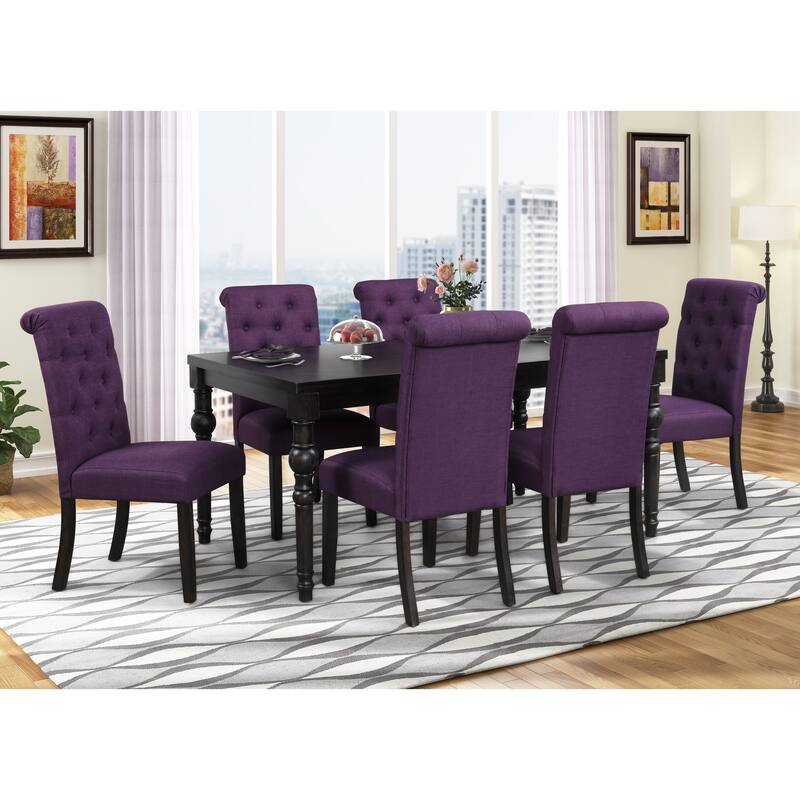 7 Piece Urban Style Wood Dining Table Furniture Set, Rectangular Kitchen Table with 6 Upholstered Tufted High Back Chairs - Black+Purple
