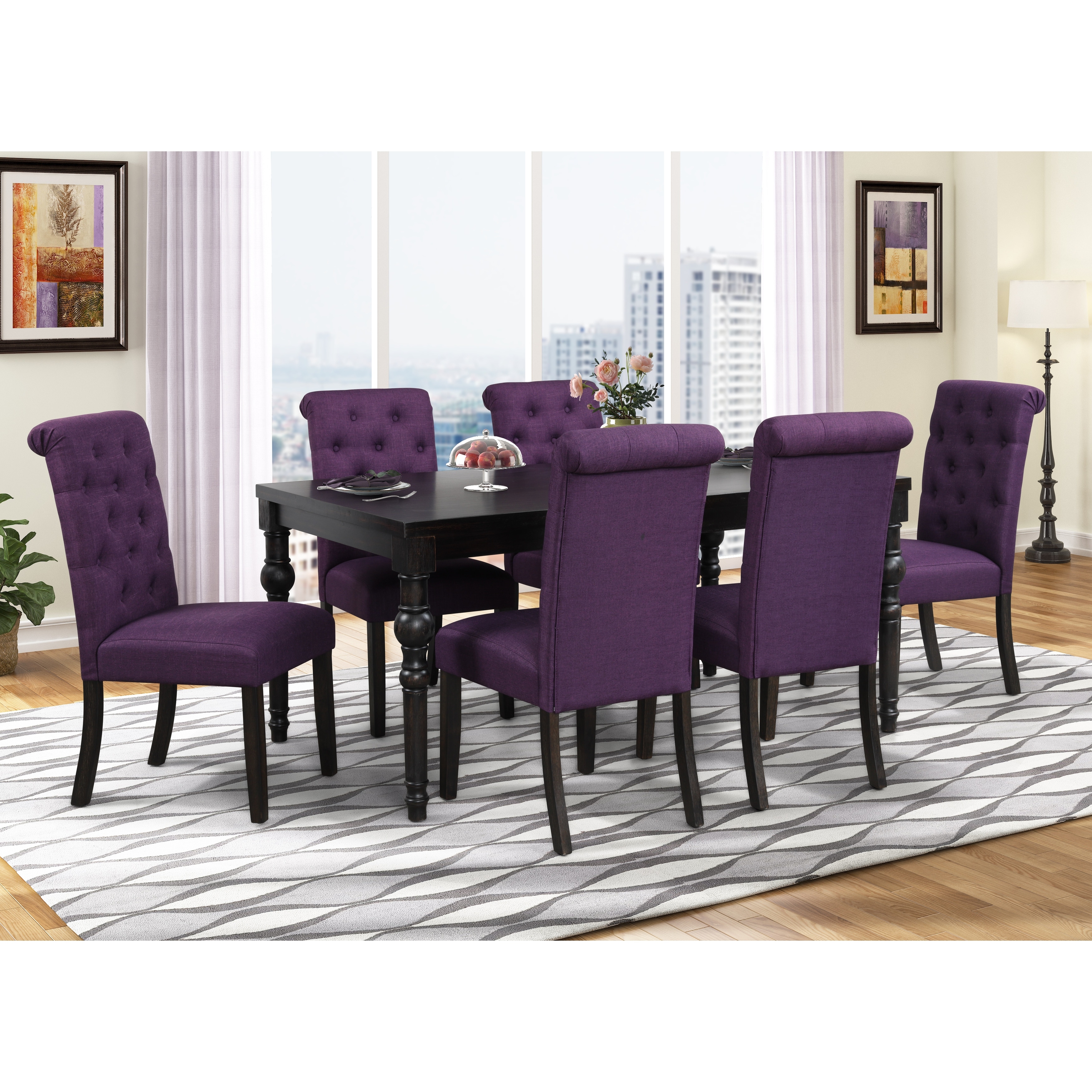 Black Purple Retro Rectangular Dining Table with Wooden Legs, Upholstered Back Chairs, Home Office Table and Chair Set