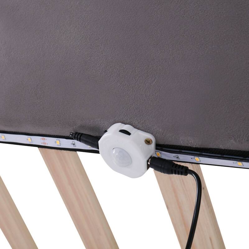 Queen Size Upholstered Platform Bed with Sensor Light and 2 sets of USB Port and Socket