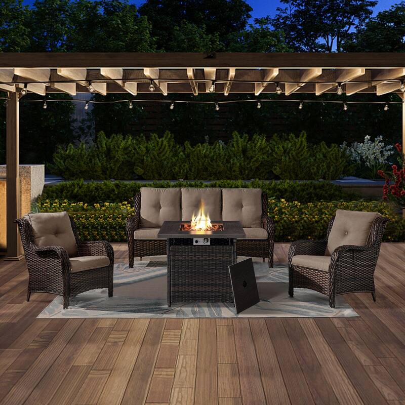 Gymojoy 4-Piece Outdoor Wicker Patio Furniture with Fire Pit Table, Rattan Coversation Set with Water Resistant Thick Cushions