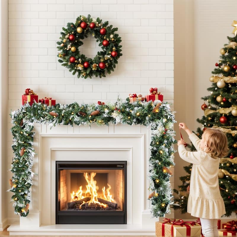 2 Pack 9FT Pre-lit Snow Flocked Christmas Garland