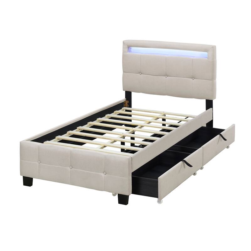 Twin Size Upholstered Platform Bed with 2 Storage Drawers and LED Light, Linen Fabric Bed Frame with Tufted Headboard for Kids