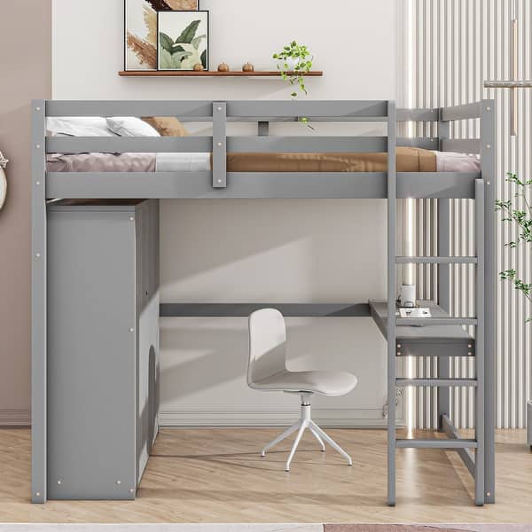 slide 2 of 13, All-in-one Storage Loft Wood Bed with Side Built-in Wardrobe, Shelves and Drawers Full Size Loft Bed with Desk Underneath Gray - Full