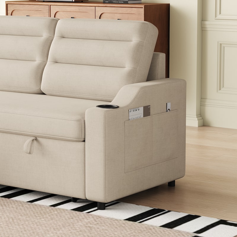 83.5" Fabric Convertible 3-Seater Sleeper Sofa with Pull-Out Bed, Recliner, Storage Pocket, and Cup Holder