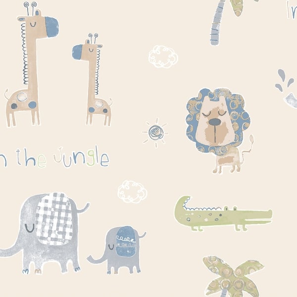 slide 2 of 4, Galerie Wallcoverings Tiny Tots 2 Jungle Friends Non-woven Matte Wallpaper Roll 33 feet x 21 inches - Beige/Safari Green