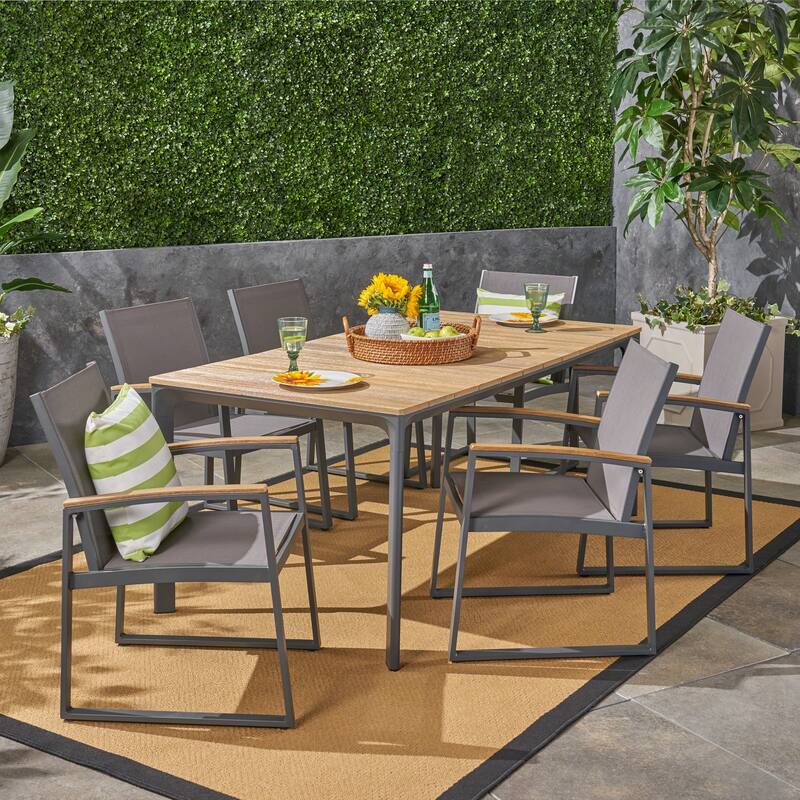 Westcott Outdoor 7 Piece Aluminum and Wicker Dining Set with Wood Top by Christopher Knight Home - Natural Finish  + Gray + Mesh