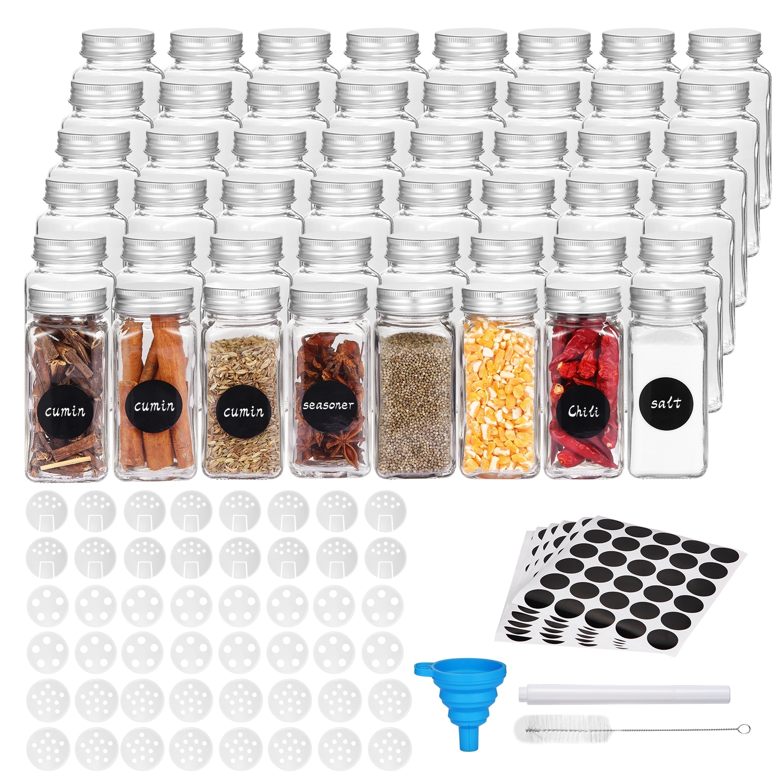 4Oz Empty Square Spice Bottles -64 Pcs Glass Spice Jars with Spice Labels-  Shake