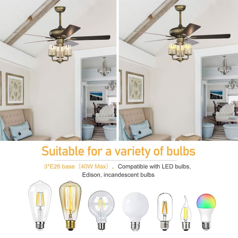 Bronze Metal Frame Ceiling Fan with 3 Wood Blades 3Light Smart Timing