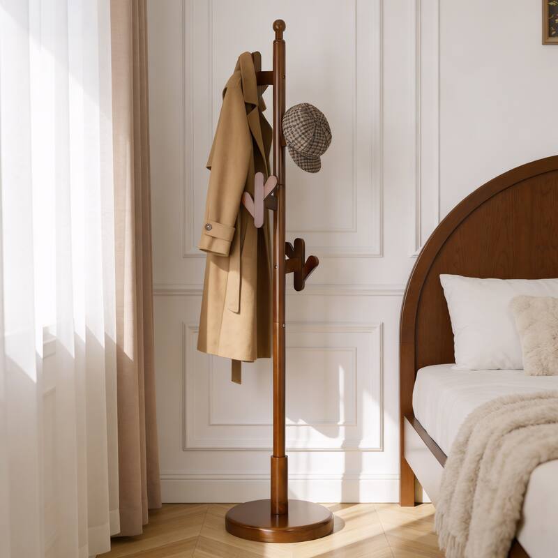 Solid Wood Coat Rack Freestanding Coat Tree Stand with 4 Creative Antler Hooks - 72"H x 15.7"W
