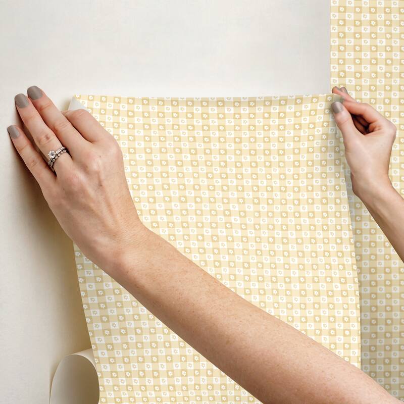 Rifle Paper Co. Daisy Gingham Yellow Floral Check Premium Peel + Stick Wallpaper