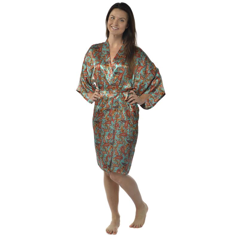 Leisureland Women's Paisley 42-inch Satin Charmeuse Kimono - Teal