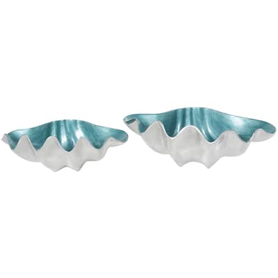 Aluminum Metal Shell Enameled Decorative Bowl with Silver Metal Exterior - Set of 2 Teal or White - Roche River Decor