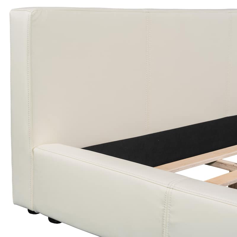 Modern Floor Bed Frame for Bedroom, Faux Leather Grounded Bed with Wood Slats Upholstered Platform Bed with Headboard for Adults
