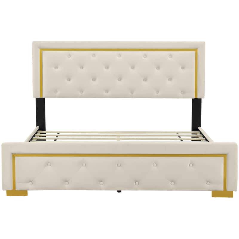 HomeRoots Beige Tufted Velvet Upholstered Queen Bed Frame