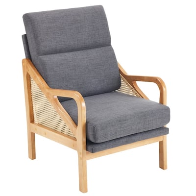 Mid Century Oak Upholstered Wicker Armrest Single Accent Chair