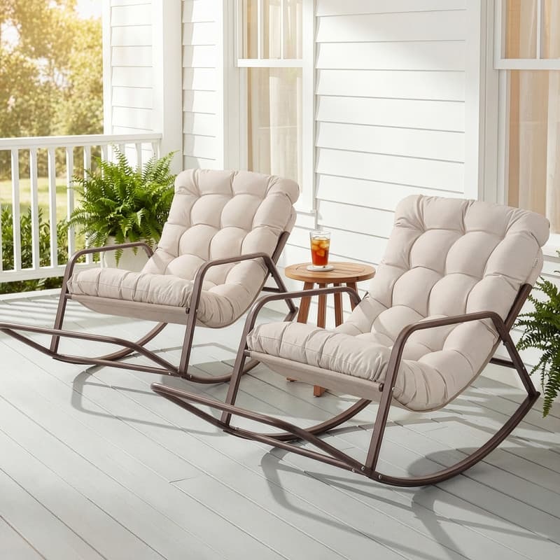 Oversized Outdoor Papasan Rocking Lounge Chair with Thick Cushion, Heavy-Duty Metal Patio Rocker Recliner, 450 lbs Capacity - Beige / 2 PCS
