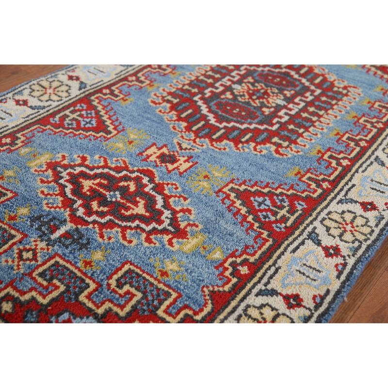 Light Blue Geometric Viss Oriental Runner Rug Hand-Knotted Wool Carpet - 2'6"x 7'9"