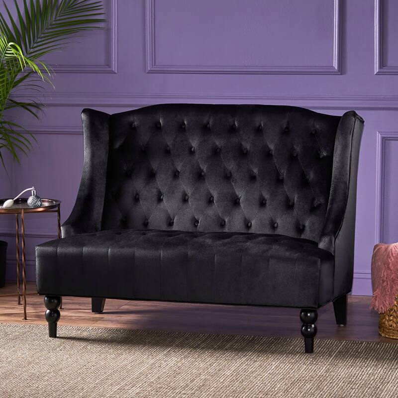 Black 50.25" Velvet Button Tufted High Wingback Loveseat Sofa with Wood Legs for Living Room