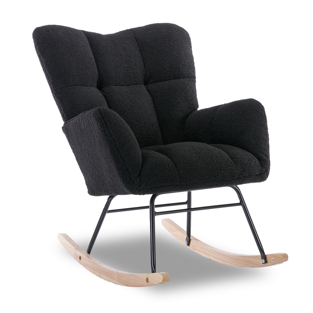 Teddy Fabric Upholstered Glider Rocker, Reading Chair with Thick Padded Seat, High Backrest Armchair with Wooden Legs