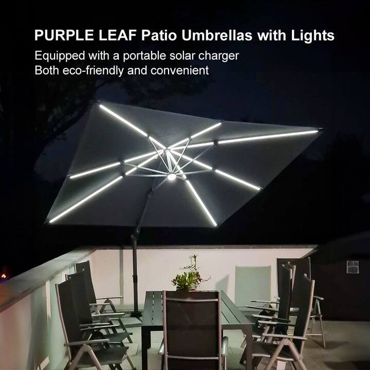 PURPLE LEAF 10 ft Solar Powered LED Patio Cantilever Umbrella with 360-degree Rotation