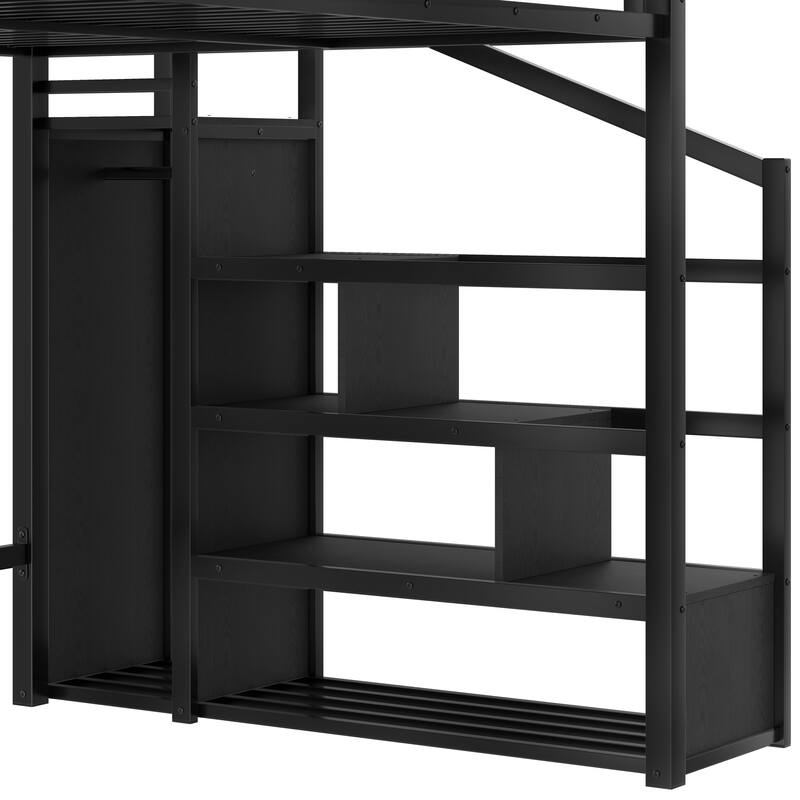 Queen Loft Bed with Storage Stairs, Shelves and Built-in Wardrobe, Metal Loft Bed Frame with USB Ports and LED Lights