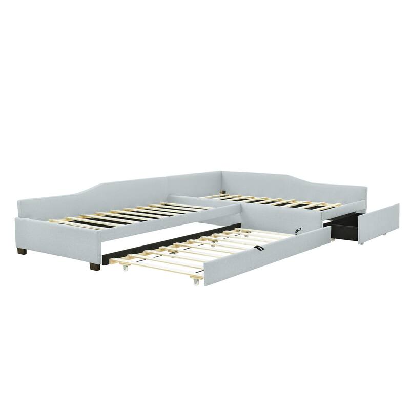 Beige Upholstered Twin Daybed with Trundle and Drawer for Extra Sleeping Space
