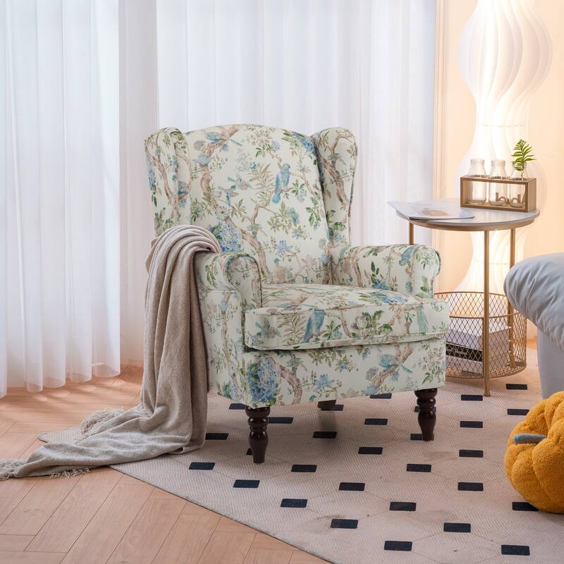 Erommy Modern Accent Chair, High Back Armchair, Upholstered Fabric Button Single Sofa with Wooden Legs for Living Room