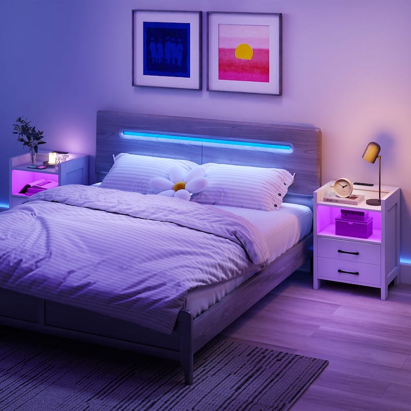 Gymax 2PCS 23.5'' Nightstand w/LED Lights & Charging Station USB Port - 2 pcs