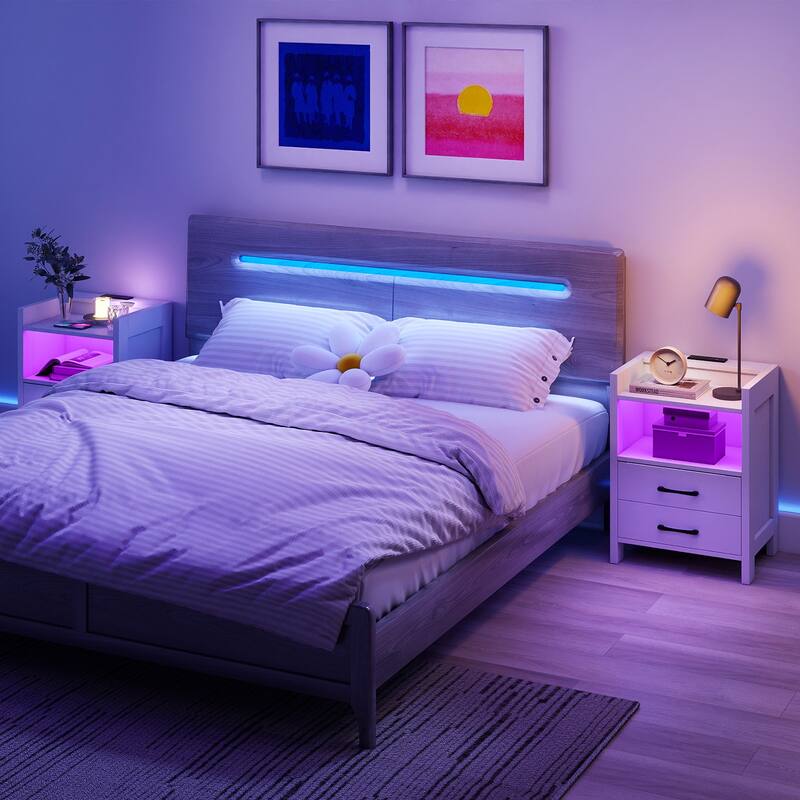 Gymax Nightstand w/ LED Lights & Charging Station 23.5'' Smart Bedside - 1 pcs