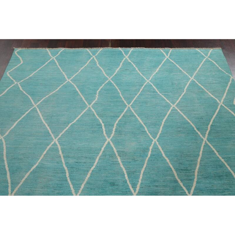 Turquoise Trellis Moroccan Vegetable Dye Area Rug Handmade Wool Carpet - 6'4" x 9'5"
