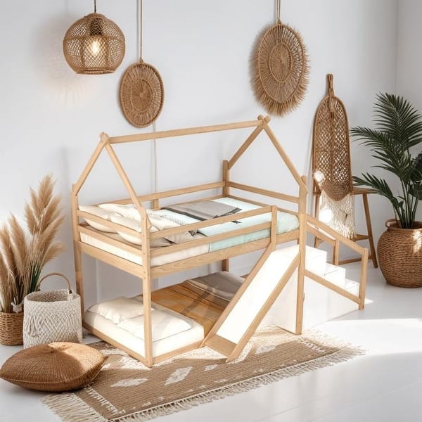 slide 2 of 12, Functional Design Twin over Twin House Loft or Bunk Bed Natural