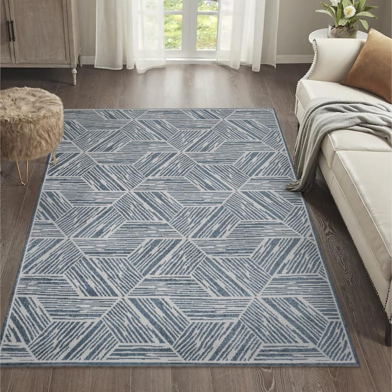 JONATHAN Y Koda Modern Coastal Geometric Machine-Washable Blue/Cream Area Rug