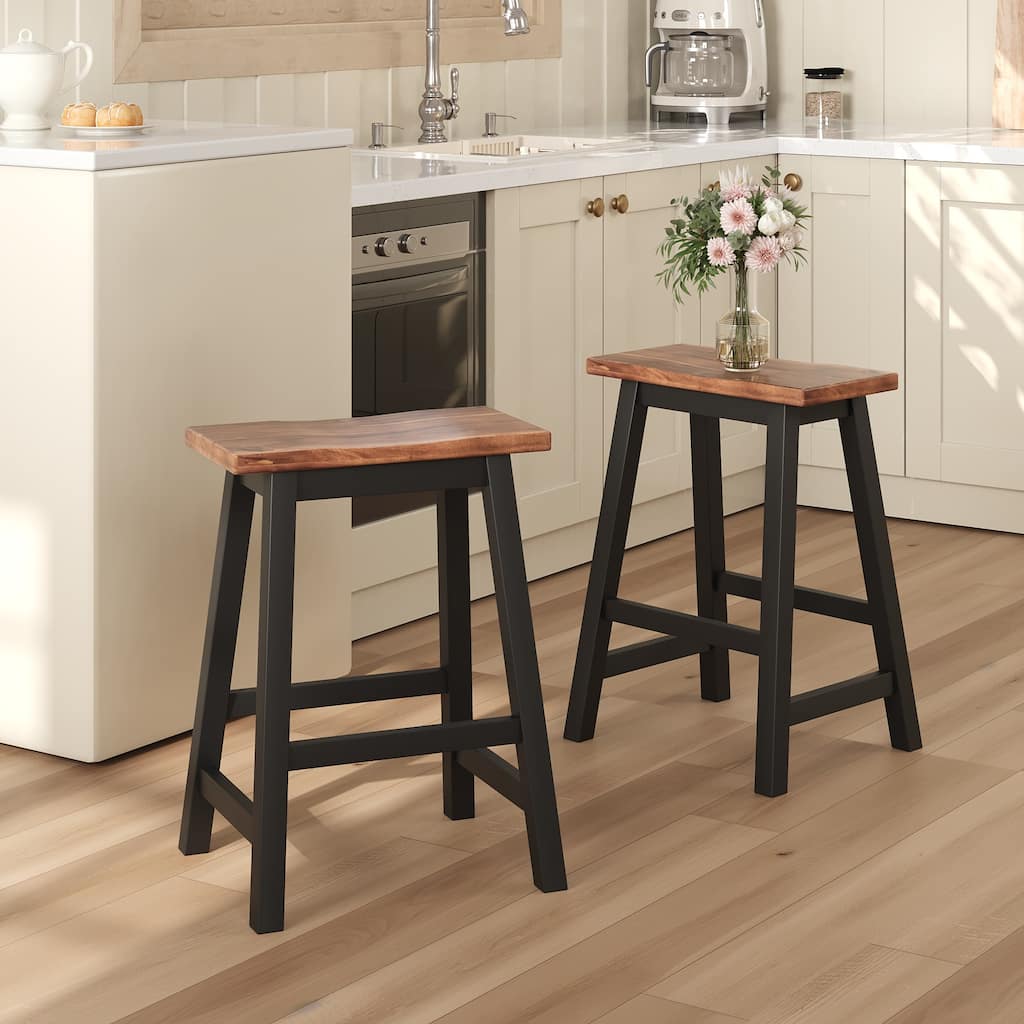Roomfitters Farmhouse 2-Piece Counter Height Kitchen Dining Stools for Small Spaces, Walnut Black
