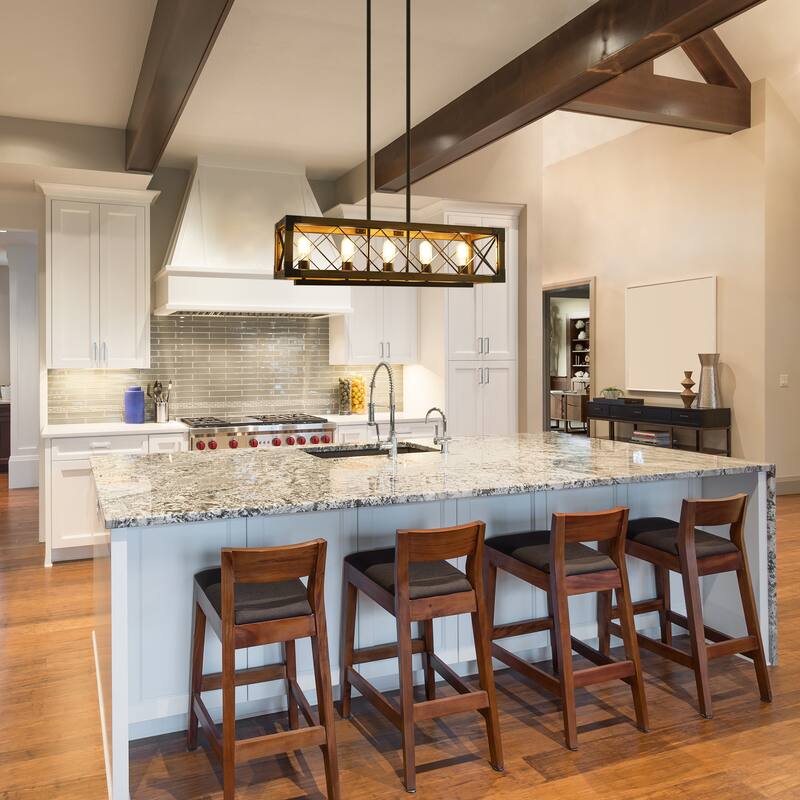 Farmhouse 5-Light Rectangle Wood Chandelier Rustic Island Lights for Dining Kitchen Island