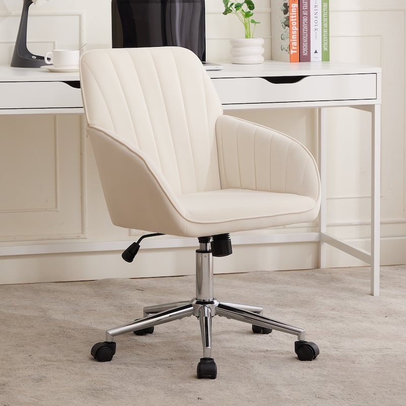 Adjustable Velvet Office Chair Ergonomic Swivel Chair with Backrest - Beige