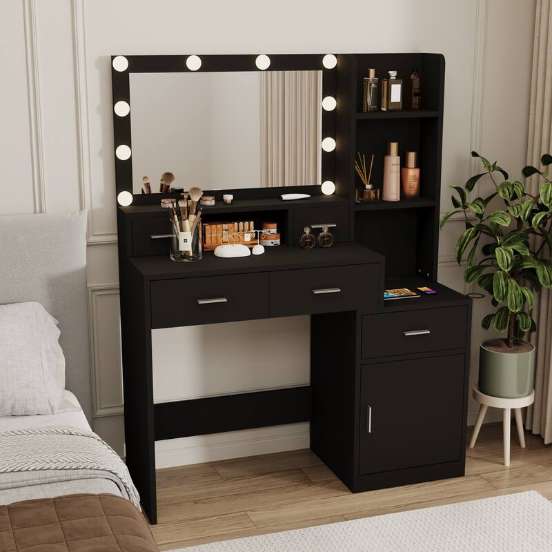 Vanity Desk with 3 Colors Lighting Mirror, Maekup Vanity Table Dressing Table with Storage Drawers and Shelves, LED Makeup Desk
