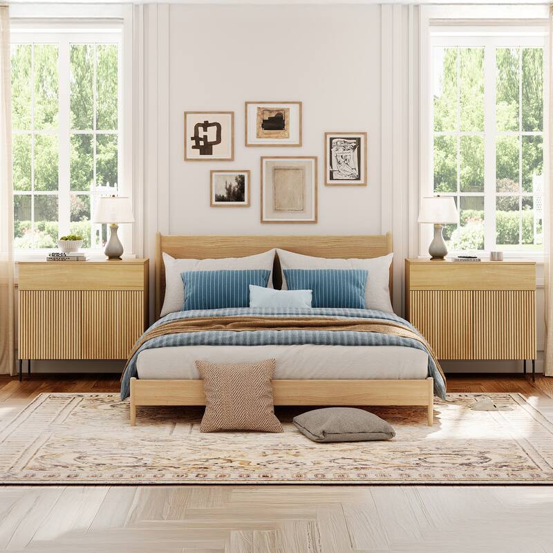 Modern Minimalist Nightstand,31.5" Wood End Table,Reeded Design Bedside Table